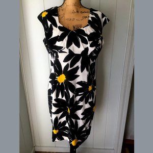 Black and white floral dress, yellow accents, EUC
